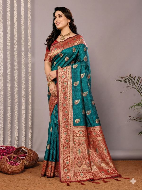 Teal Blue Banarasi Soft Silk Saree with Maroon Gold Zari Border