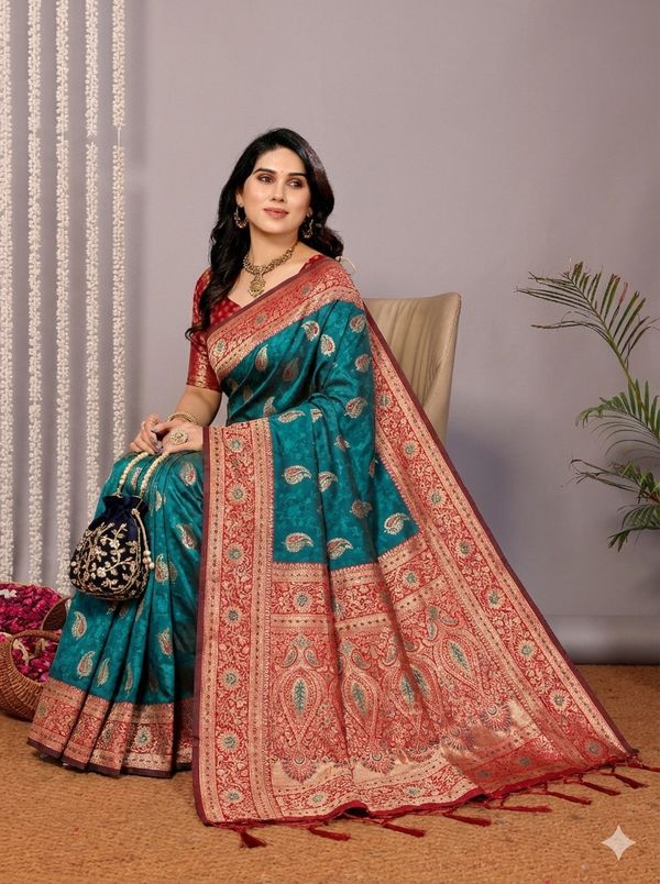 Teal Blue Banarasi Soft Silk Saree with Maroon Gold Zari Border