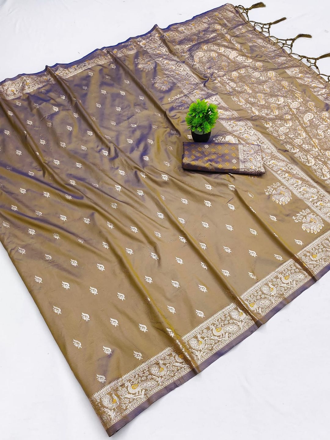 Taupe Beige Banarasi Silk Saree with Zari Border