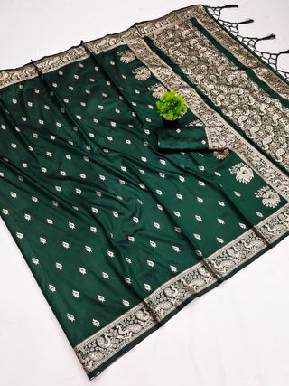 Dark Green Banarasi Paithani Silk Saree with Golden Zari Border