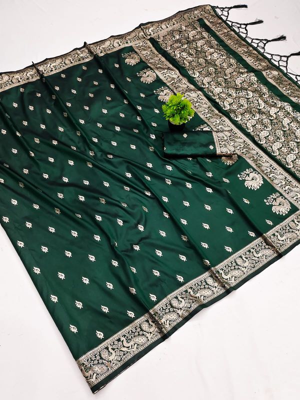 Dark Green Banarasi Paithani Silk Saree with Golden Zari Border