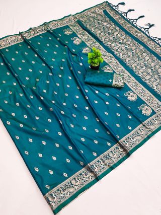 Teal Green Paithani Silk Saree with Golden Zari Border