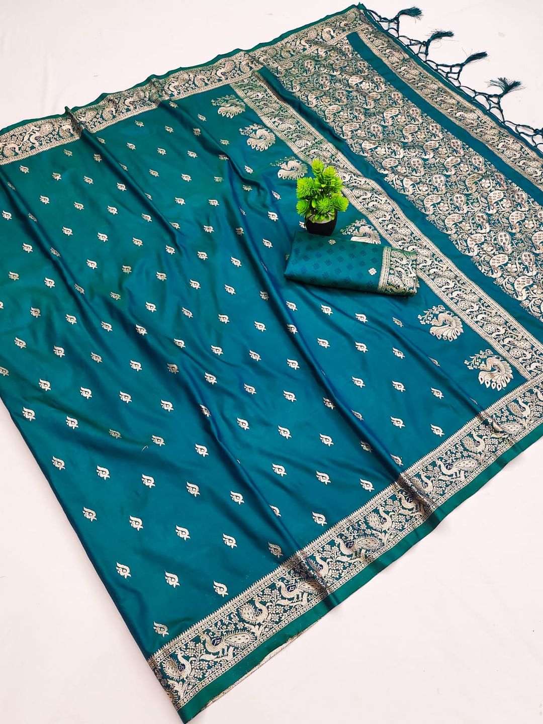 Teal Green Paithani Silk Saree with Golden Zari Border