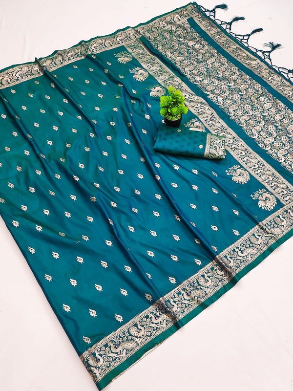 Teal Green Paithani Silk Saree with Golden Zari Border