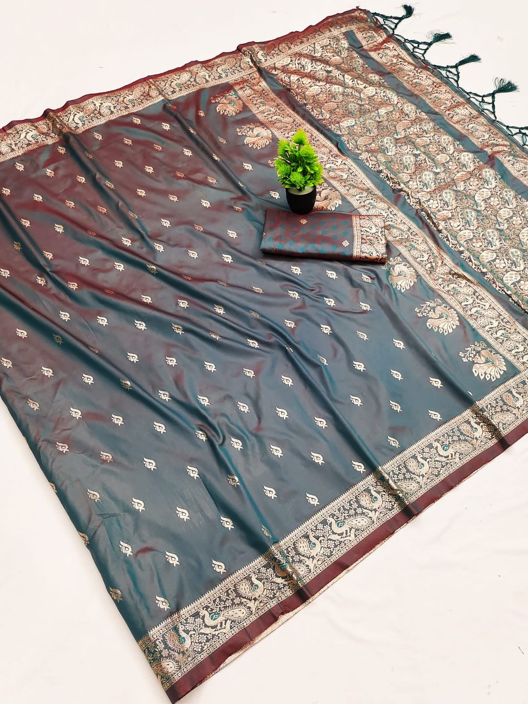 Grey Blue Paithani Silk Saree with Maroon Zari Border