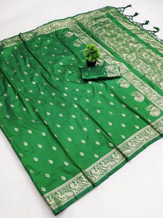Emerald Green Paithani Silk Saree with Golden Zari Border