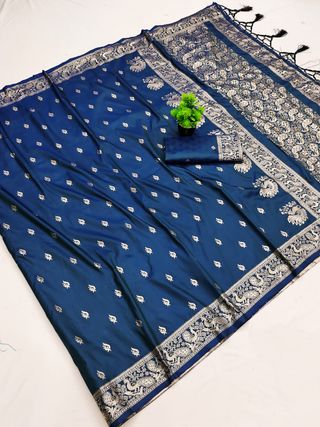 Navy Blue Paithani Silk Saree with Golden Zari Border