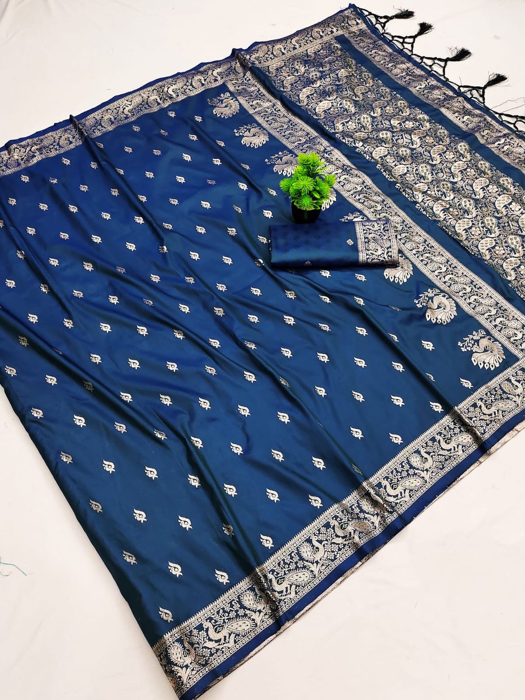 Navy Blue Paithani Silk Saree with Golden Zari Border