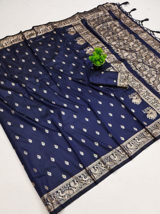 Midnight Navy Paithani Silk Saree with Golden Zari Border