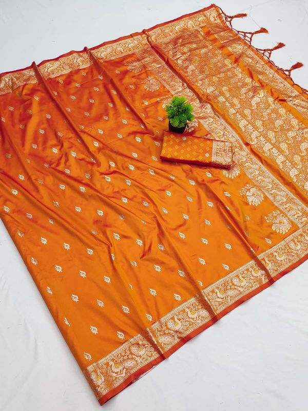 Saffron Orange Paithani Silk Saree with Golden Zari Border
