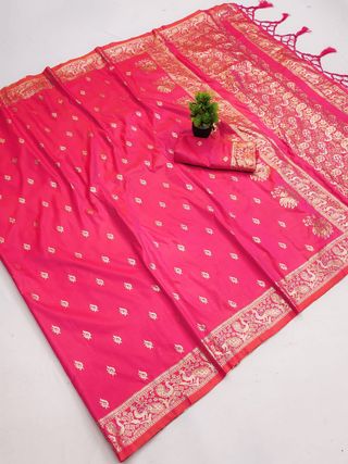 Rani Pink Paithani Silk Saree with Golden Zari Border