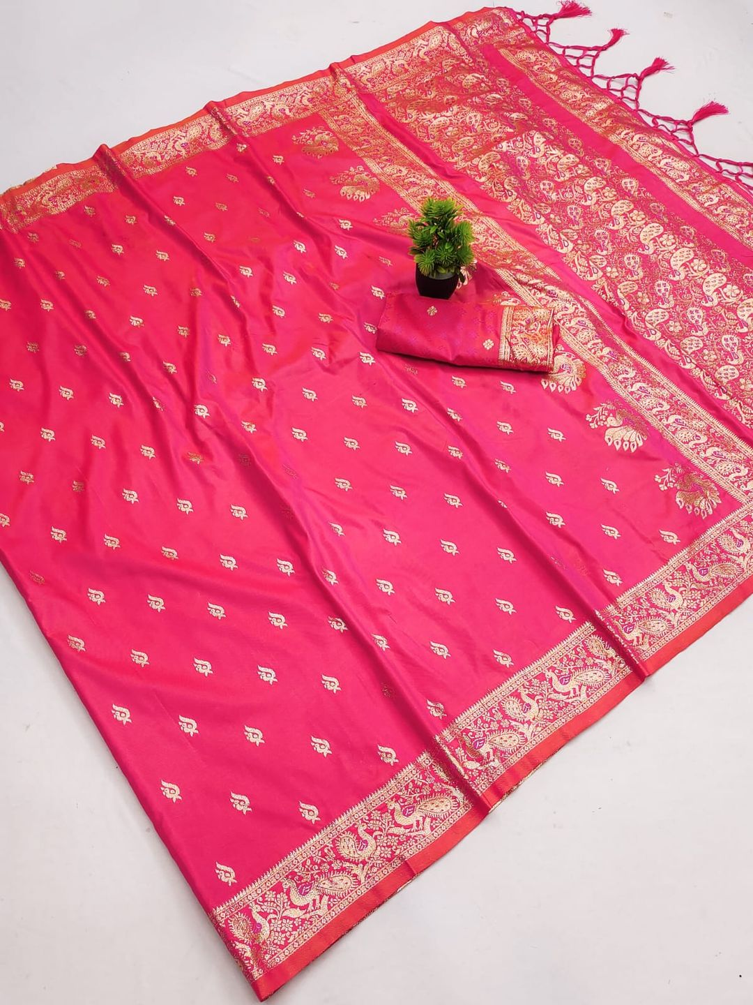 Rani Pink Paithani Silk Saree with Golden Zari Border