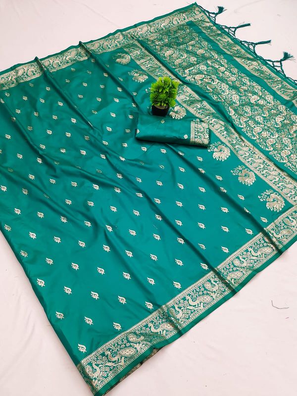 Teal Green Paithani Silk Saree with Golden Zari Border