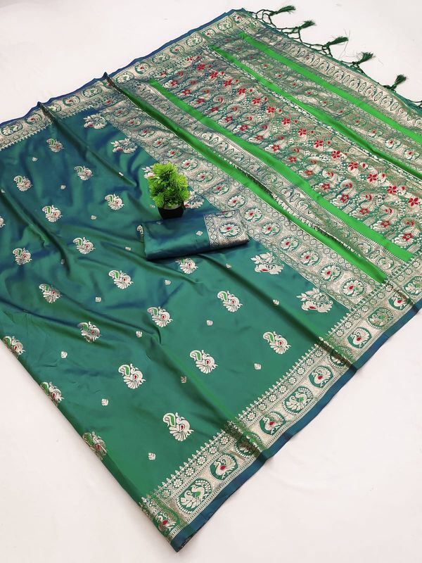 Bottle Green Paithani Silk Saree with Floral Zari Border