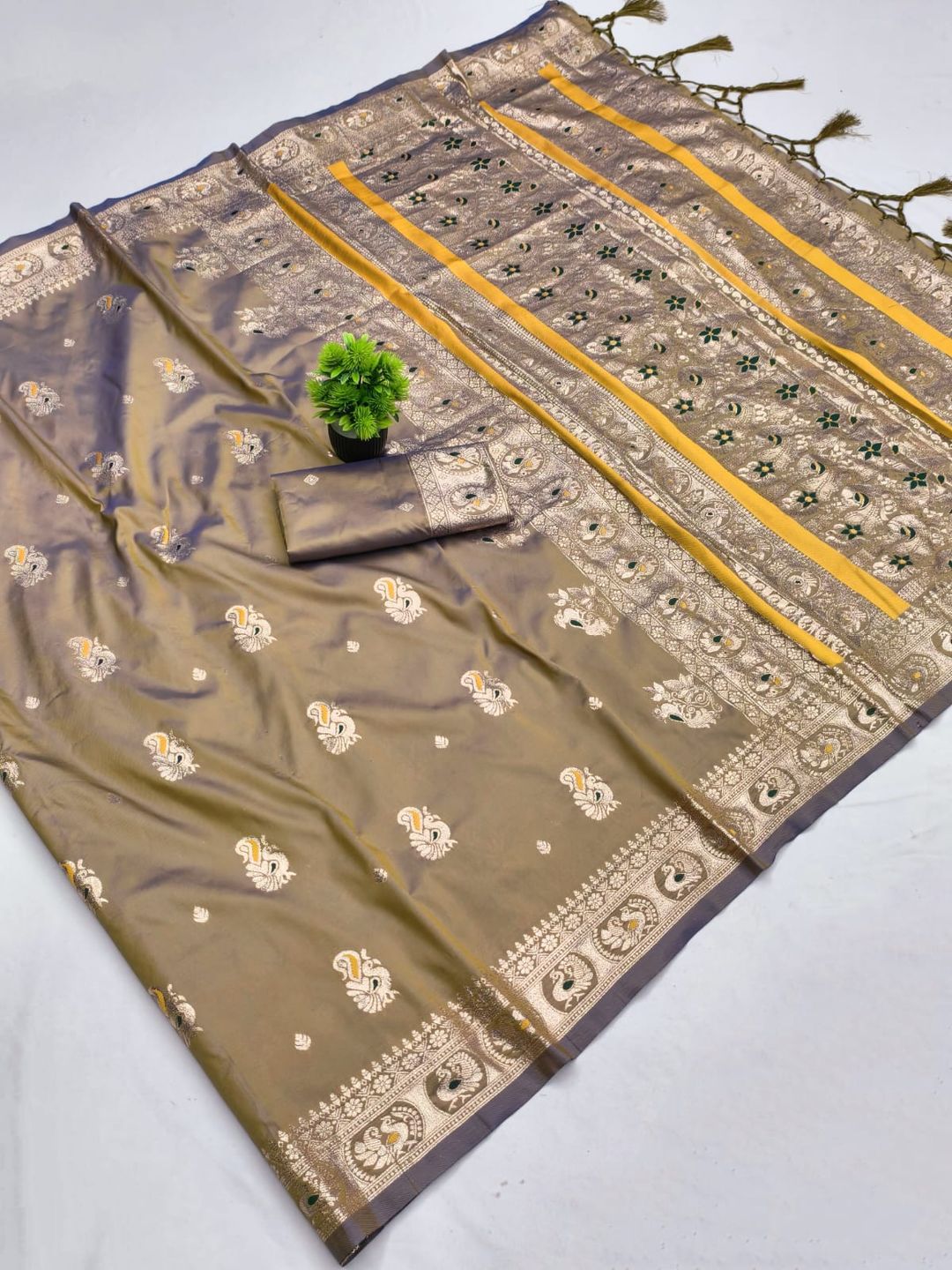Taupe Gold Paithani Silk Saree with Zari Woven Border