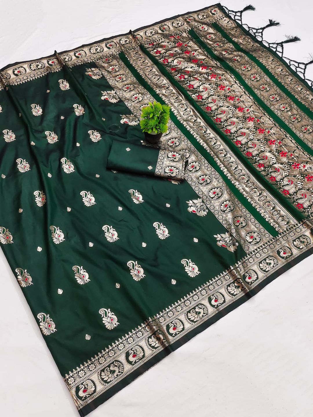 Dark Emerald Green Paithani Saree with Red Gold Zari Buti