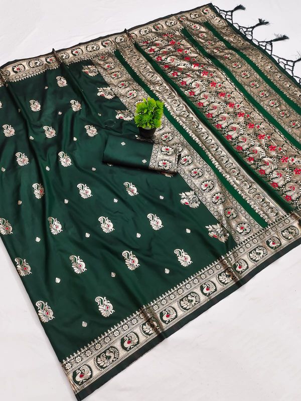 Dark Emerald Green Paithani Saree with Red Gold Zari Buti