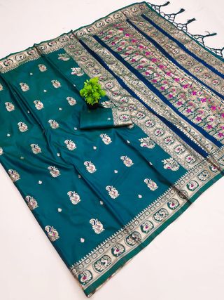 Dark Rama Green Silk Saree with Pink Zari Buti | Varnavi