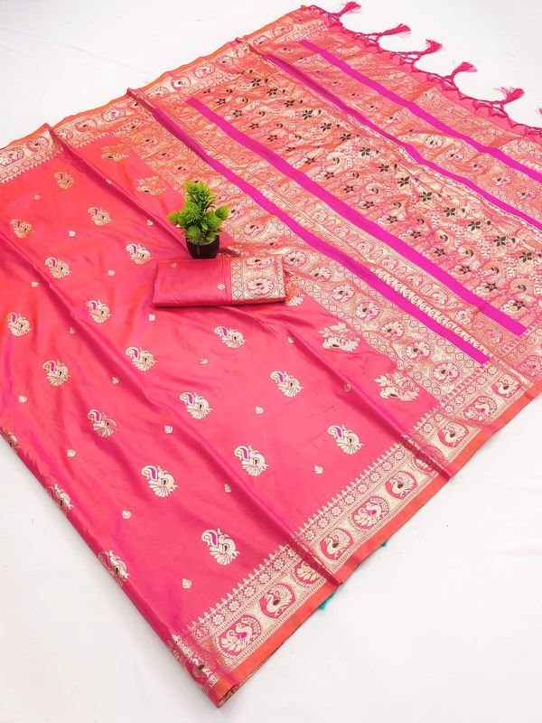 Gajri Pink Banarasi Paithani Silk Saree with Zari Border | Varnavi
