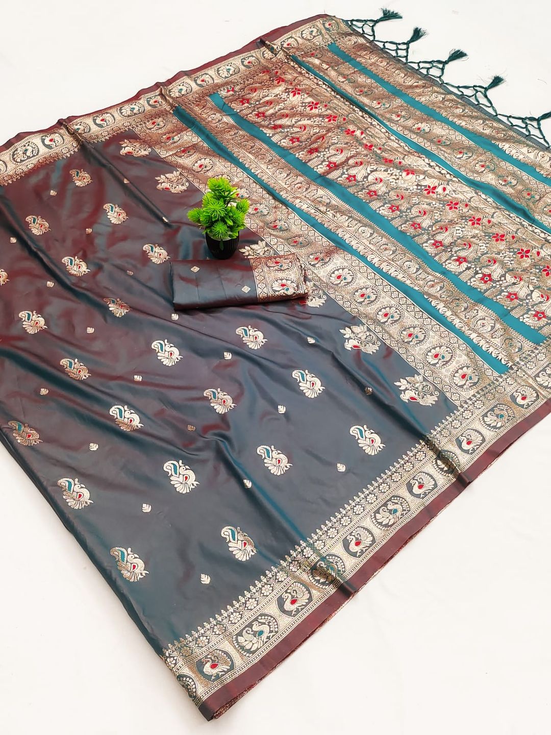 Grey Banarasi Paithani Silk Saree with Zari Work