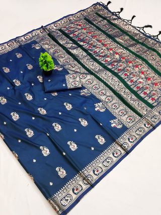 Navy Blue Paithani Silk Saree with Golden Zari Work