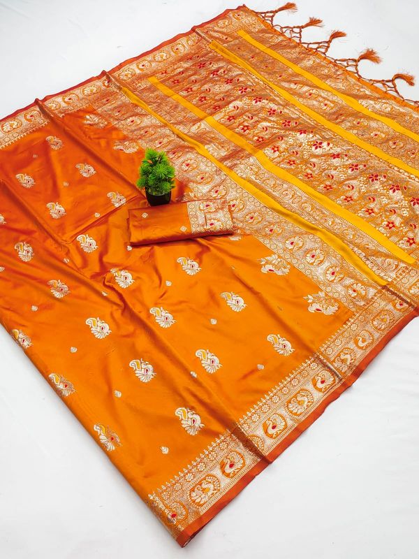 Orange Banarasi Paithani Silk Saree with Golden Zari Border | Varnavi