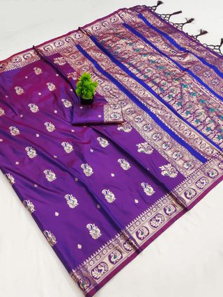 Purple Banarasi Paithani Silk Saree with Golden Zari Border | Varnavi