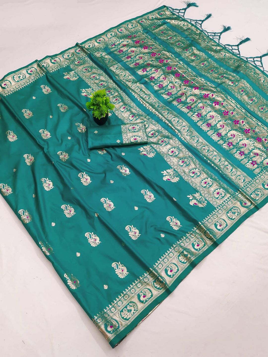 Teal Green Banarasi Paithani Silk Saree with Pink Zari Buti | Varnavi