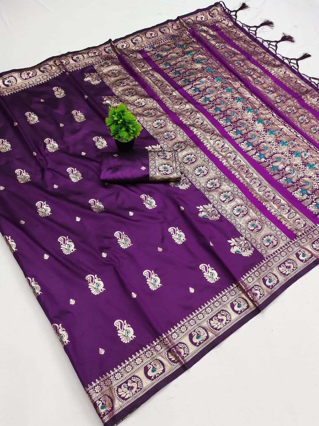 Wine Purple Banarasi Paithani Silk Saree with Golden Zari | Varnavi
