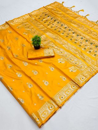Mustard Yellow Banarasi Paithani Silk Saree with Golden Zari | Varnavi