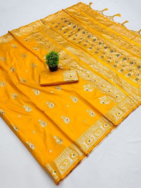 Mustard Yellow Banarasi Paithani Silk Saree with Golden Zari | Varnavi