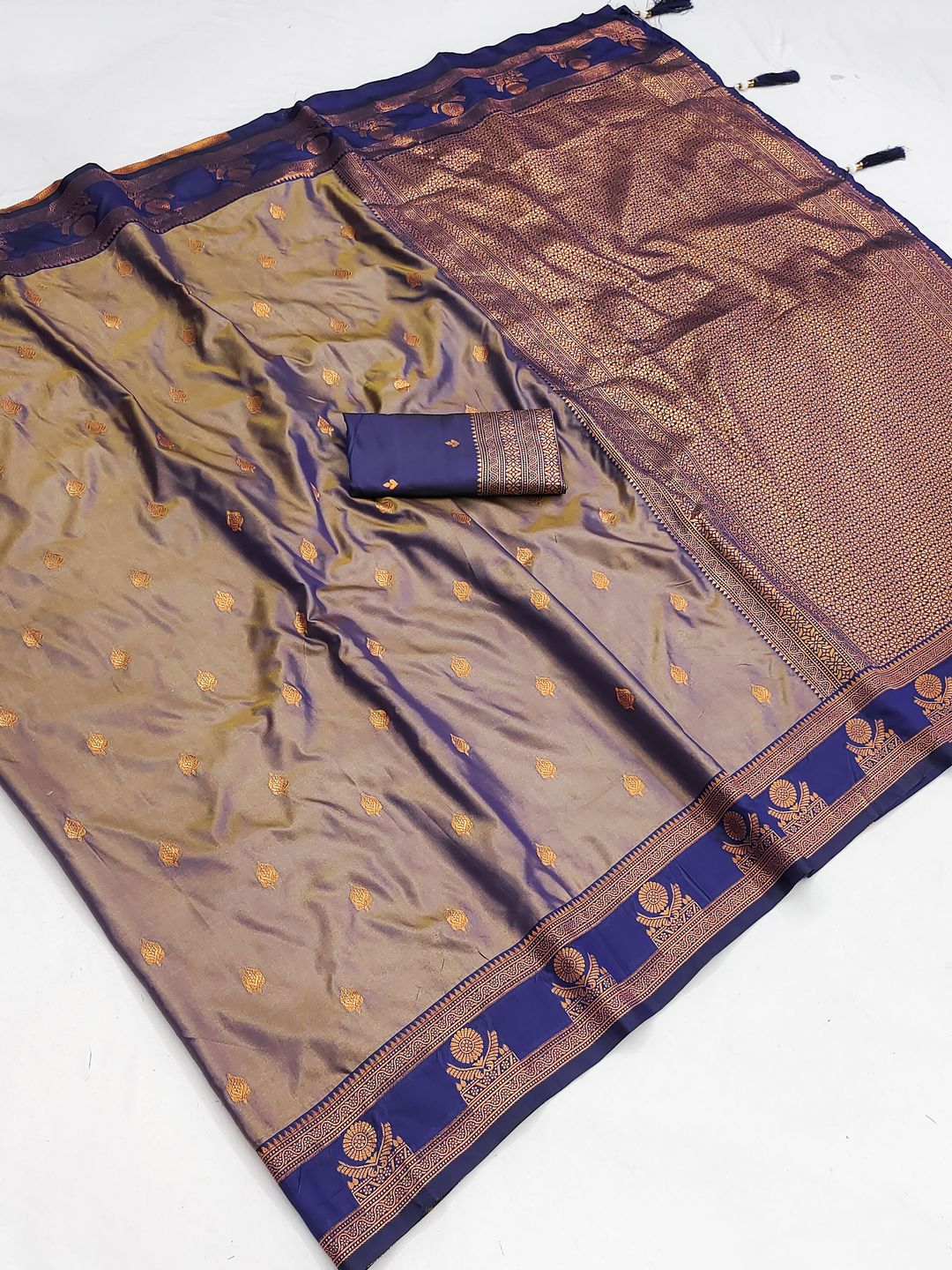 Taupe Banarasi Soft Silk Saree with Royal Blue Zari Border | Varnavi