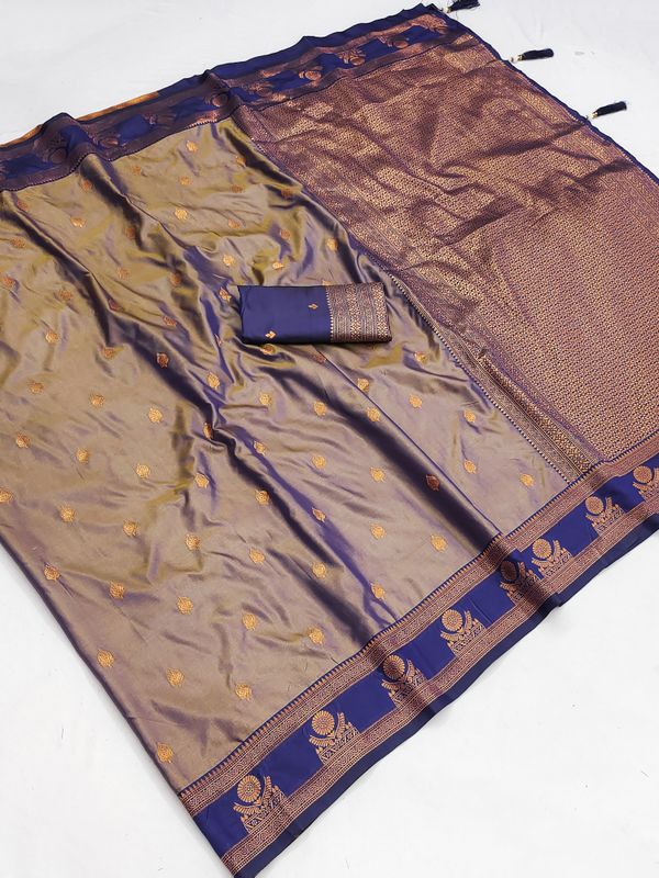 Taupe Banarasi Soft Silk Saree with Royal Blue Zari Border | Varnavi
