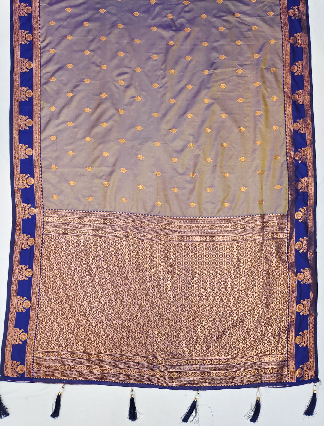 Taupe Banarasi Soft Silk Saree with Royal Blue Zari Border | Varnavi