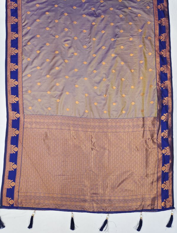 Taupe Banarasi Soft Silk Saree with Royal Blue Zari Border | Varnavi