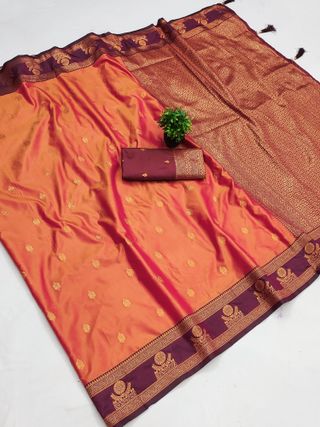 Orange Banarasi Soft Silk Saree with Maroon Zari Border | Varnavi