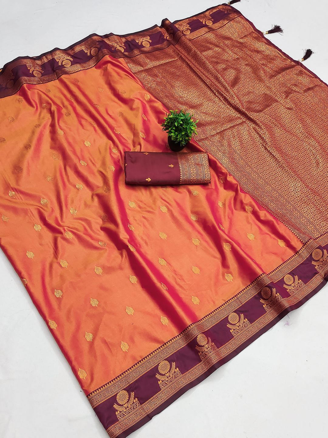 Orange Banarasi Soft Silk Saree with Maroon Zari Border | Varnavi