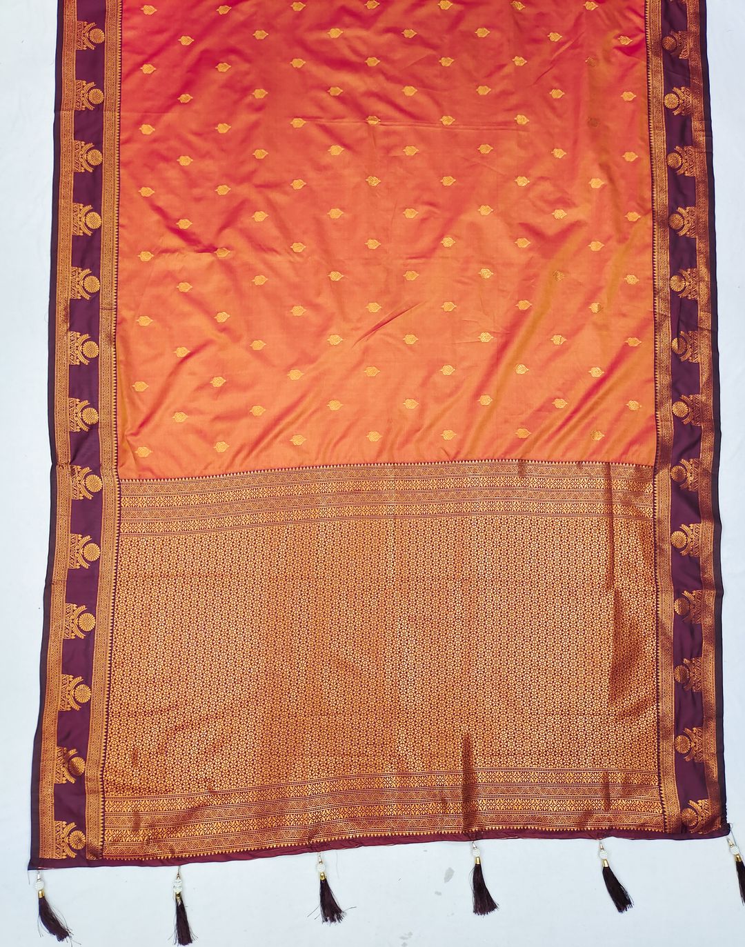 Orange Banarasi Soft Silk Saree with Maroon Zari Border | Varnavi