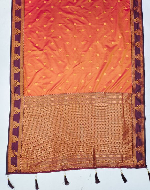 Orange Banarasi Soft Silk Saree with Maroon Zari Border | Varnavi