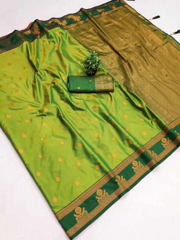 Pista Green Banarasi Soft Silk Saree with Gold Zari Border | Varnavi