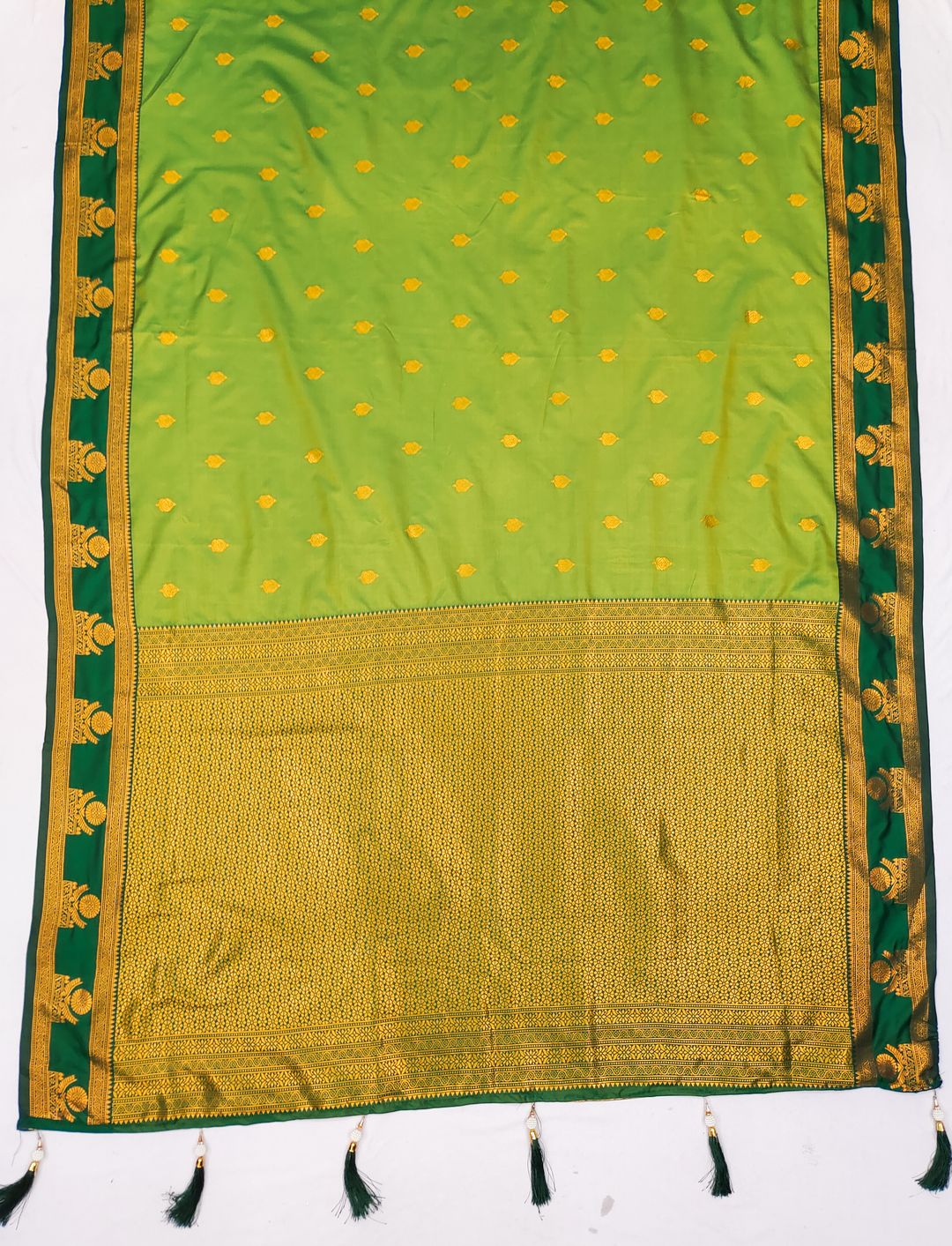 Pista Green Banarasi Soft Silk Saree with Gold Zari Border | Varnavi