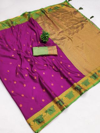 Rani Pink Banarasi Soft Silk Saree with Green Zari Border | Varnavi