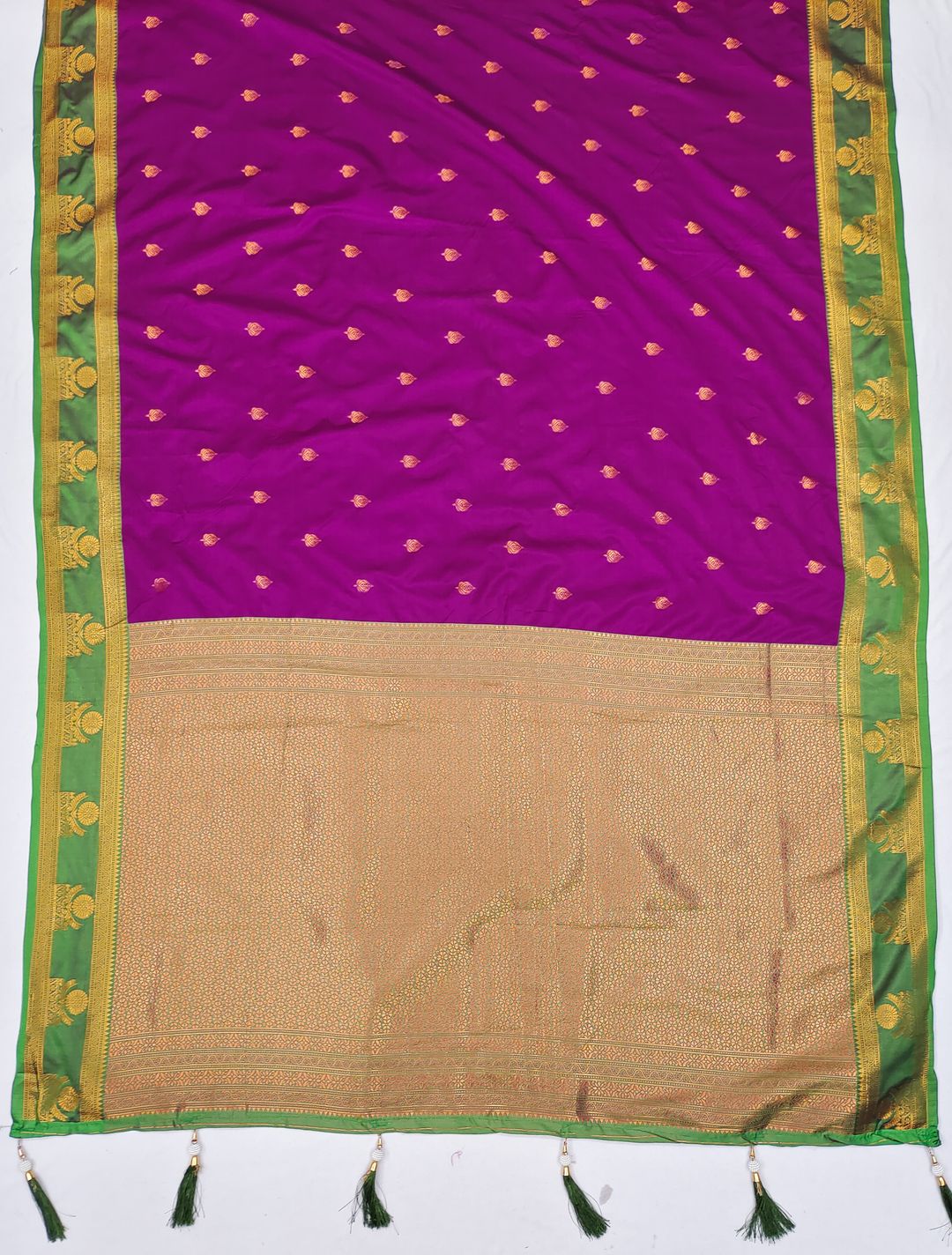 Rani Pink Banarasi Soft Silk Saree with Green Zari Border | Varnavi
