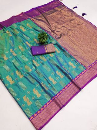 Firozi Banarasi Soft Silk Saree with Wine Purple Border | Varnavi