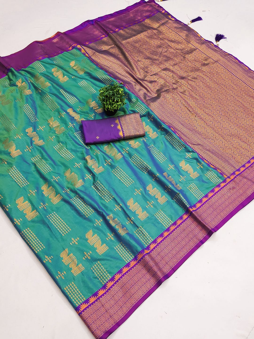 Firozi Banarasi Soft Silk Saree with Wine Purple Border | Varnavi