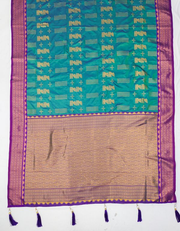 Firozi Banarasi Soft Silk Saree with Wine Purple Border | Varnavi
