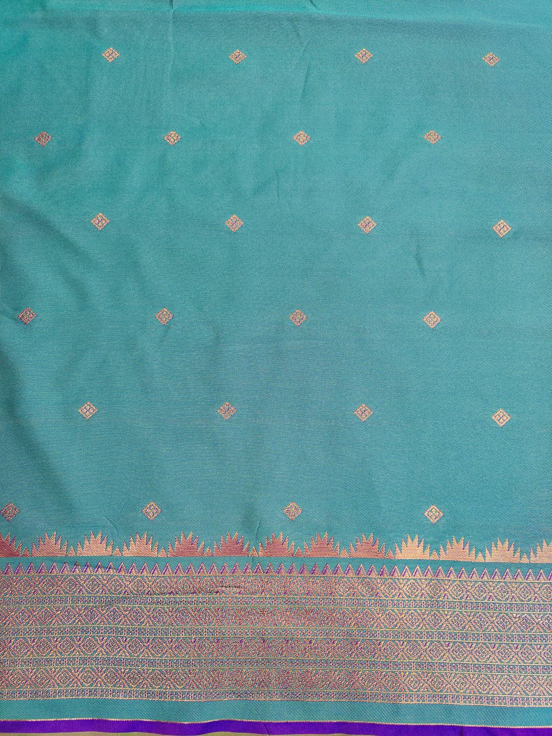 Firozi Banarasi Soft Silk Saree with Wine Purple Border | Varnavi