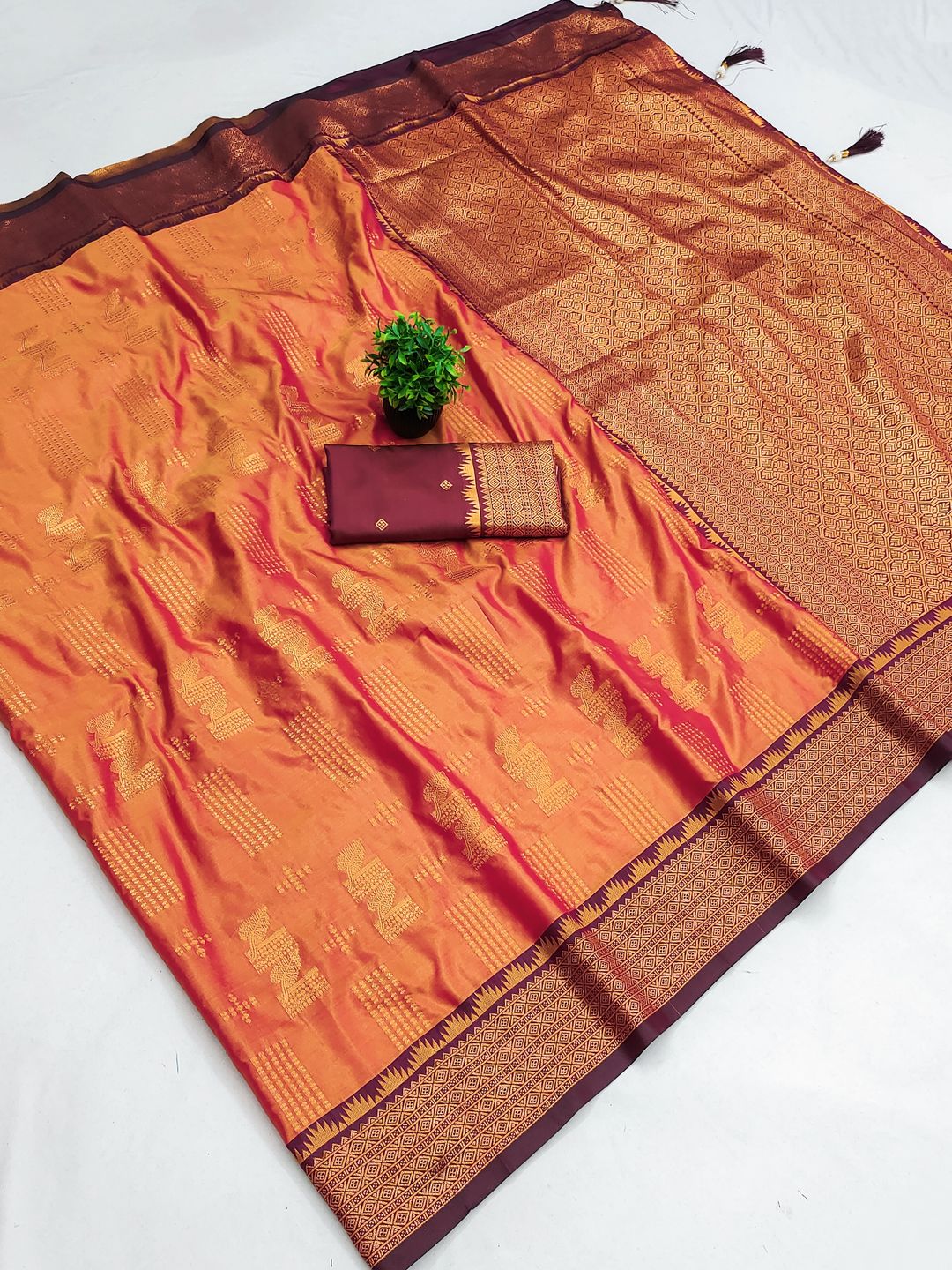 Peach Orange Banarasi Silk Saree with Maroon Zari Border | Varnavi