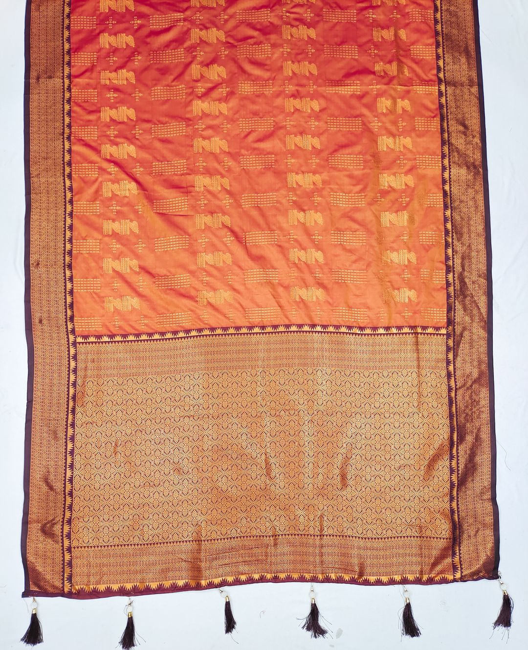 Peach Orange Banarasi Silk Saree with Maroon Zari Border | Varnavi
