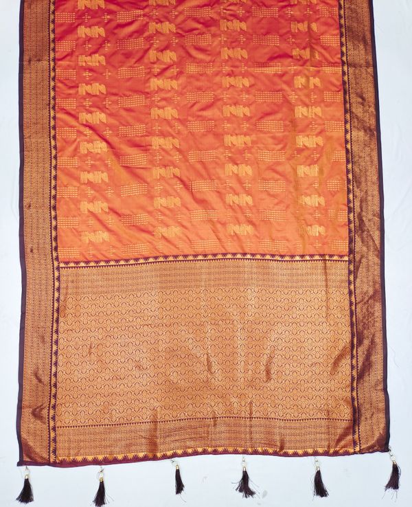 Peach Orange Banarasi Silk Saree with Maroon Zari Border | Varnavi